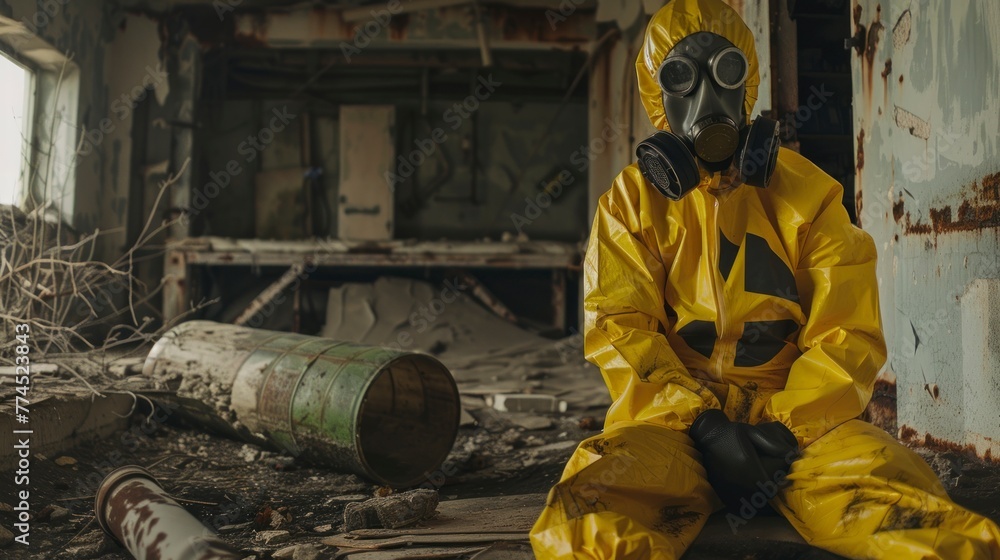 man in radiation suit in ancient and old abandoned bunker