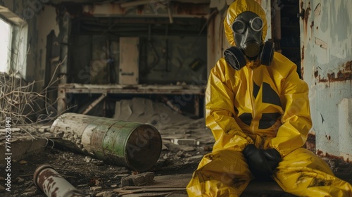 man in radiation suit in ancient and old abandoned bunker