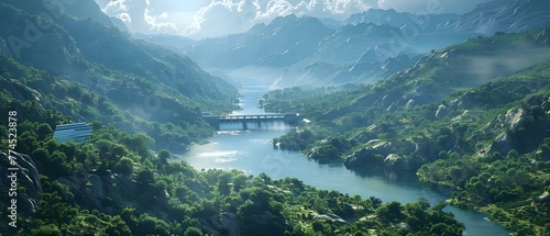 A serene 3D rendering of a river valley with hydroelectric dams and solar farms for sustainable energy production. Concept 3D Rendering  River Valley  Hydroelectric Dams  Solar Farms