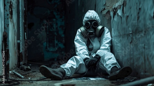 person with a radiation suit in an abandoned bunker-style site with radiation in high resolution and quality