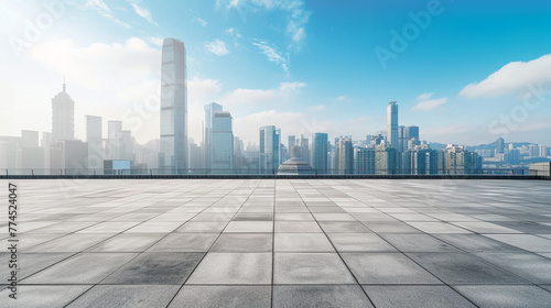 Empty square floor and city skyline with building background. Generative Ai