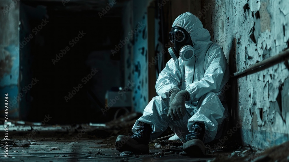 person with a radiation suit in an abandoned bunker-style site with radiation in high resolution and high quality. radiation concept