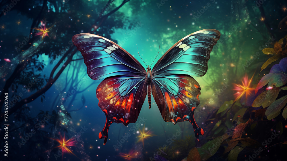 bright colorful tropical butterfly in a mysterious forest against the backdrop of the cosmic starry sky