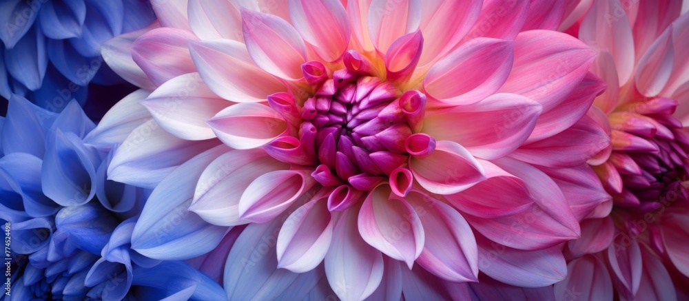 Pink and blue delicate flower petals surrounding a vibrant purple center in close-up view Pink and blue delicate flower petals surrounding a vibrant purple center in close-up view