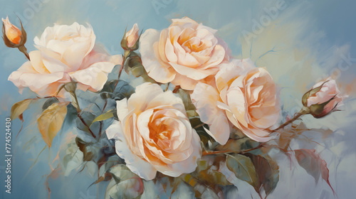 delicate peach-colored roses on a soft blue background painted with oil paints. beige roses on blue