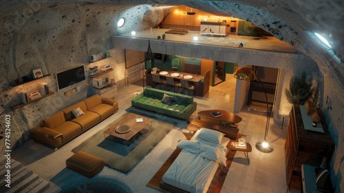 underground bunker with rooms and beds with bathroom