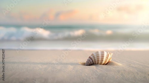 A solitary seashell half-buried in the sand, washed ashore by the gentle tide, against a backdrop of soft, pastel hues and the sound of distant waves crashing.