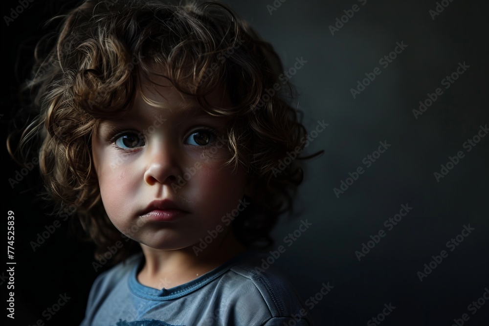 Portrait of a little boy with curly hair on a dark background Portrait of a little boy with curly hair on a dark background