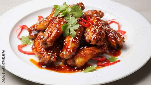 Fried chicken wings with chili sauce on white plate. Barbecue meat and grill.