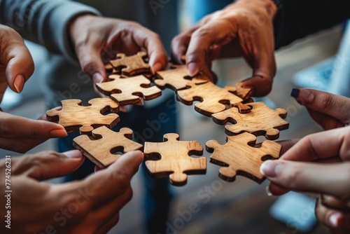 Wooden pieces of puzzles in hands of cheerful and joyful business people who connect them. Smiling people stand in circle with pieces of puzzles that mean their contribution to business, Generative AI photo