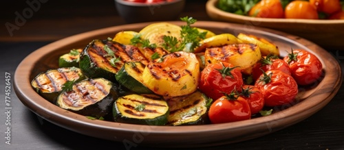 A plate filled with an assortment of grilled vegetables, including juicy tomatoes, captured up close