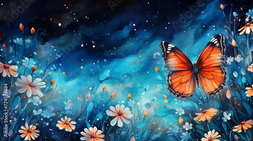 bright colorful tropical butterfly in a mysterious forest against the backdrop of the cosmic starry sky © Junsei