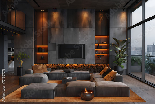 Stylish contemporary design of modern apartment in dark black colors with concrete elements © Алина Троева