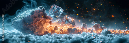 fire burning in the night, Cube fracture explode on dark background