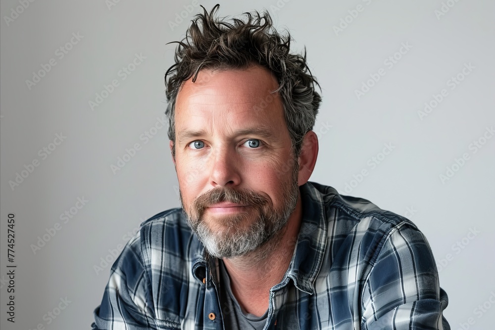 Portrait of a handsome mature man with a beard and mustache in a checkered shirt over grey background Portrait of a handsome mature man with a beard and mustache in a checkered shirt over grey background