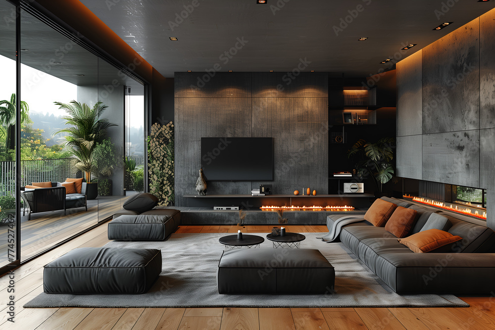 Stylish contemporary design of modern apartment in dark black colors with concrete elements Stylish contemporary design of modern apartment in dark black colors with concrete elements