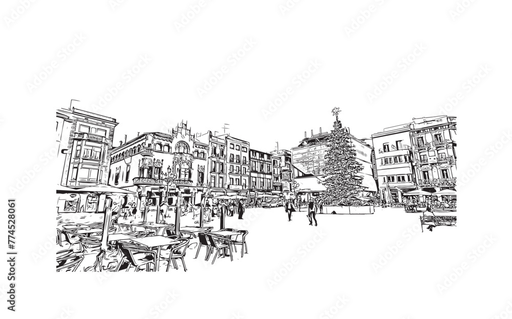Print Building view with landmark of Reus is the city in Spain. Hand drawn sketch illustration in vector.