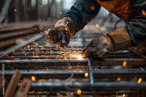 Close-up view of a skilled worker’s hands welding metal rods together, with intense sparks flying from the point of contact. photo