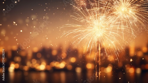 Beautiful golden fireworks for holiday and celebration on city bokeh background.