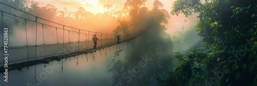 Two mans is walking across a suspension bridge that spans a river, with sturdy cables and metal beams supporting him as he moves forward