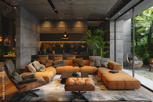 Stylish contemporary design of modern apartment in dark black colors with concrete elements © Алина Троева