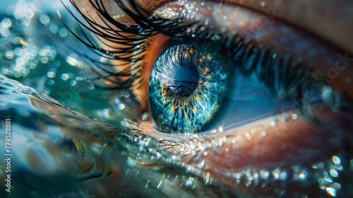 Close-up high-resolution photo of a human eye reflecting the vast expanse of the ocean, biophilia theme