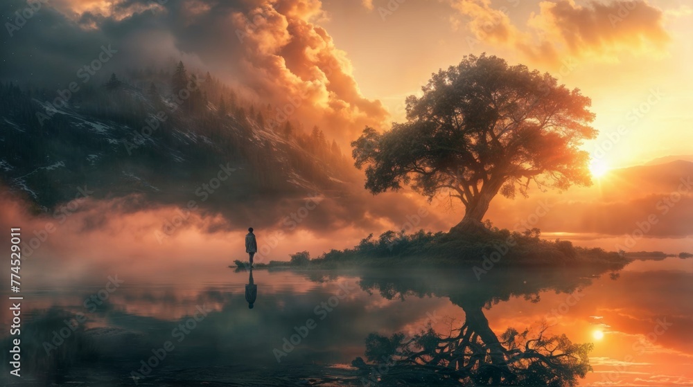 Beautiful landscape with a lonely tree on the lake at sunset. - obrazy, fototapety, plakaty 