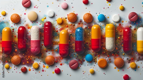 Pills and pharmacy. Many different pills in white background. Medicine concept. Pills concept. Pharmacy concept. Drug concept. Pharmacology concept.