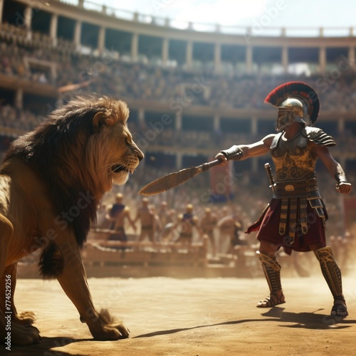 Gladiator in coliseum: fierce warrior in iconic roman arena, epitome of ancient combat, historical spectacle in majestic rome, dramatic portrayal of bravery and valor © Alla