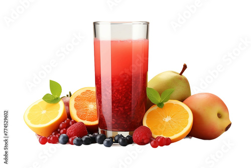 Glass of Mixed Fruit Juice with Assorted Fruits Realistic Portrait Isolated On Transparent Background Or PNG.
