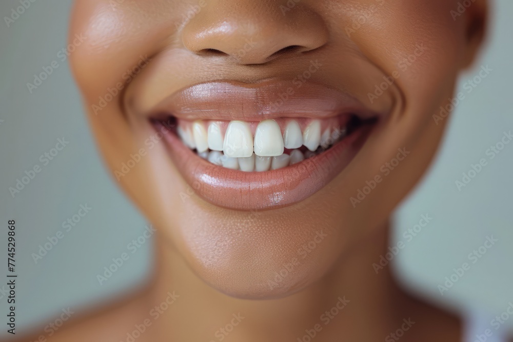Obraz premium Closeup Of Beautiful Smile With White Teeth. Closeup of young woman at dentist's, studio, indoors.