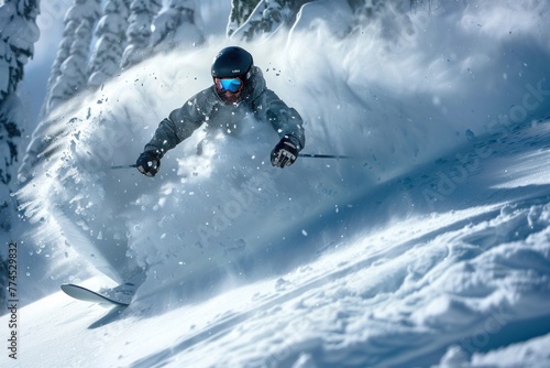 A snowboarder carving through fresh powder, leaving behind a trail of exhilaration.