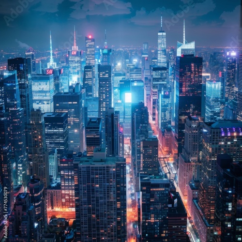 A vibrant cityscape at night, with skyscrapers towering overhead and twinkling lights stretching as far as the eye can see, creating a dazzling urban panorama.