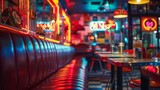 A retrothemed diner filled with vintage neon signs adding a touch of nostalgia and charm to the diners atmosphere. . .