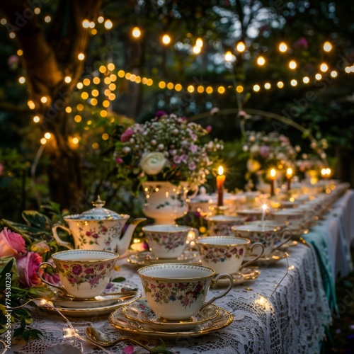 A whimsical garden tea party  with dainty tea cups and saucers arranged on lace-covered tables  surrounded by twinkling fairy lights and blooming flowers.