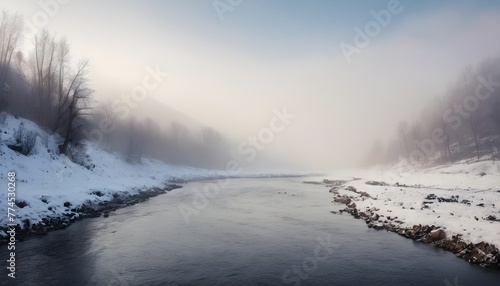 Mountain river. Snow. Fog. View from afar. Realistic photography. © S8