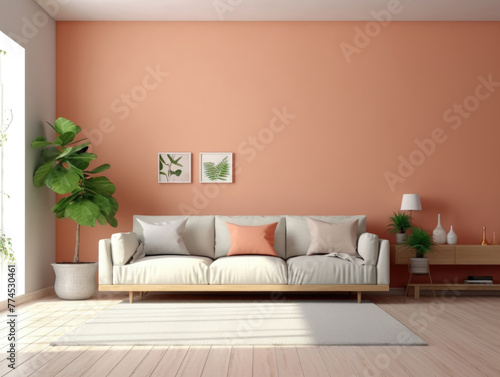 Interior living room with sofa and decorations. Scandinavian design. Generative AI.