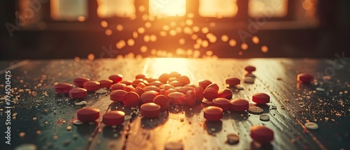 Pills scattered on a table symbolize the opioid epidemic and addiction crisis. Concept Drug Abuse, Opioid Crisis, Addiction Awareness, Public Health, Substance Misuse