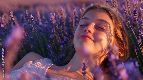 A girl with a contented sigh lounging in a field of lavender  AI generated illustration photo