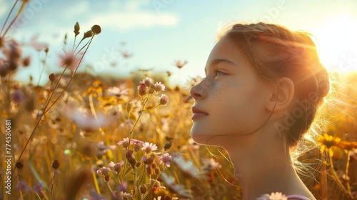 A girl with a serene expression gazing at a field of wildflowers  AI generated illustration