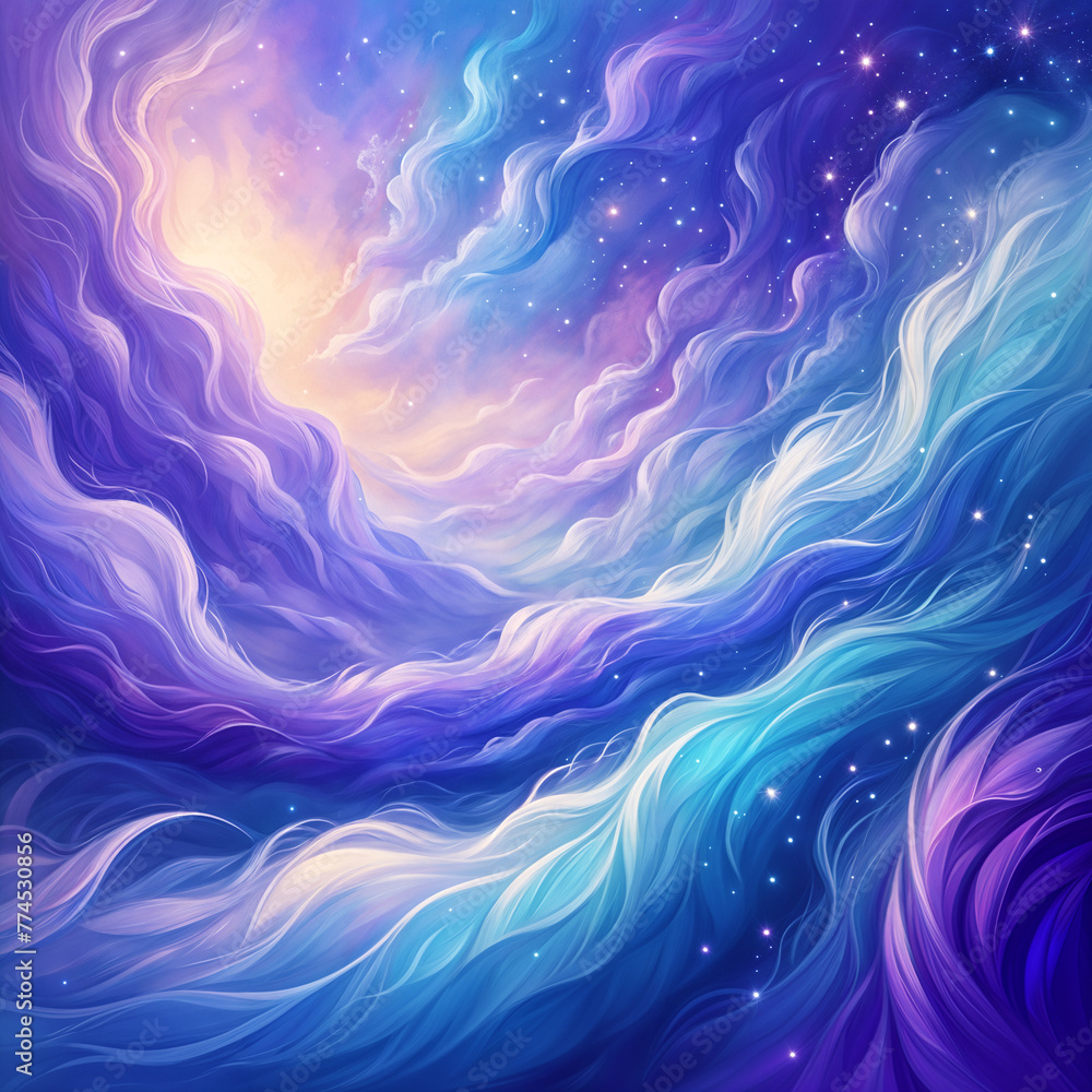 A painting of a beautiful, abstract blue and purple sky. The sky is filled with fluffy clouds that create a sense of depth and movement in the painting.