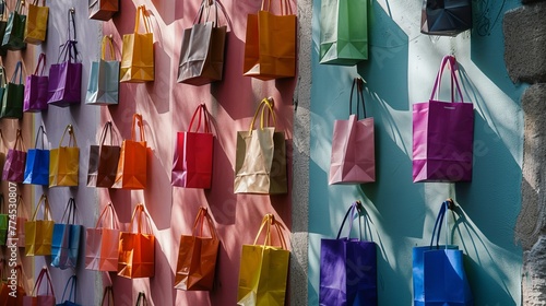 A wall adorned with a delightful assortment of shopping bags raw AI generated illustration