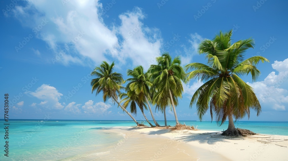 Obraz premium A cluster of palm trees on a sandy beach AI generated illustration