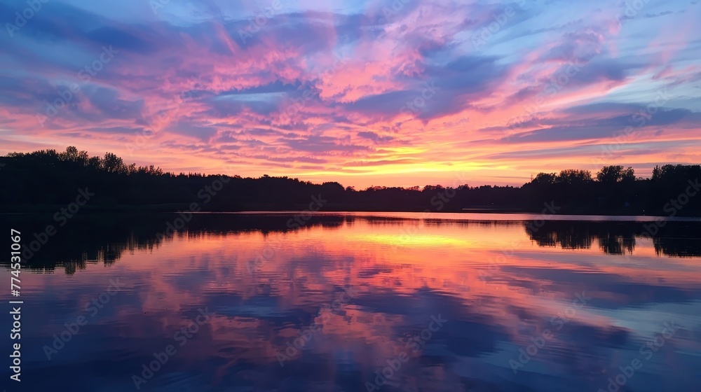 A colorful sunset reflected in a calm river AI generated illustration A colorful sunset reflected in a calm river AI generated illustration
