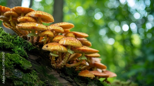 A cluster of mushrooms growing on a decaying log AI generated illustration