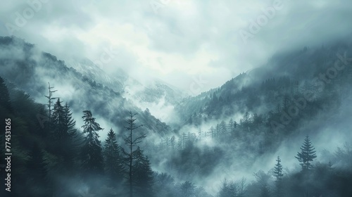 A dreamy depiction of a foggy morning in the mountai  AI generated illustration