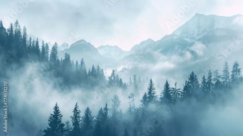 A dreamy depiction of a foggy morning in the mountai AI generated illustration photo