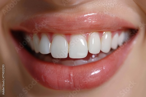 Closeup Of Beautiful Smile With White Teeth. Closeup of young woman at dentist's, studio, indoors.