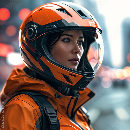 A woman wearing a helmet, likely a motorcycle helmet, with a backpack on her. She is looking off to the distance, possibly at the city lights.