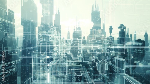 A futuristic cityscape with digital building constru  AI generated illustration photo